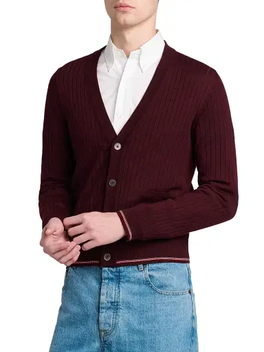 Thom Browne Men's RWB Striped Merino Wool Cardigan - Burgundy | Thumbnail 4 Thom Browne Men's RWB Striped Merino Wool Cardigan - Burgundy | Thumbnail 4