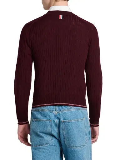Thom Browne Men's RWB Striped Merino Wool Cardigan - Burgundy | Thumbnail 5 Thom Browne Men's RWB Striped Merino Wool Cardigan - Burgundy | Thumbnail 5