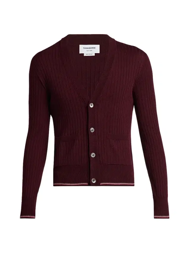 Thom Browne Men's RWB Striped Merino Wool Cardigan - Burgundy