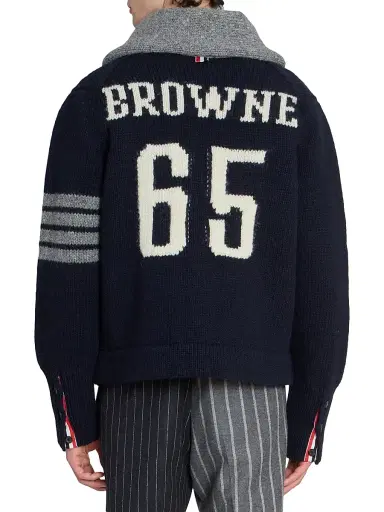 Thom Browne Men's Browne 65 Intarsia-Knit Irish Wool Cardigan - Navy | Thumbnail 5 Thom Browne Men's Browne 65 Intarsia-Knit Irish Wool Cardigan - Navy | Thumbnail 5