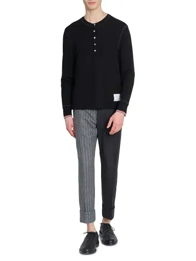 Thom Browne Men's RWB Tipping Stripe Wool Jersey Henley Shirt - Black | Thumbnail 2