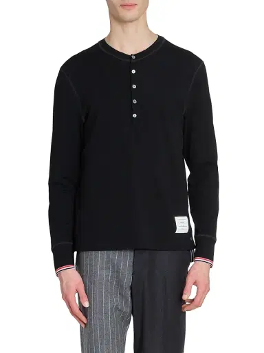 Thom Browne Men's RWB Tipping Stripe Wool Jersey Henley Shirt - Black | Thumbnail 3