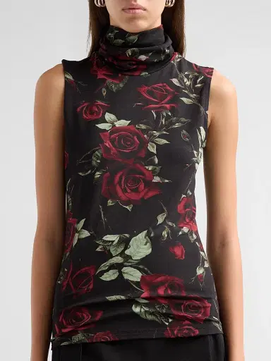 L'Agence Women's Ceci Sleeveless Turtleneck Top - Black Burgundy Rose - Size XL | Thumbnail 5
