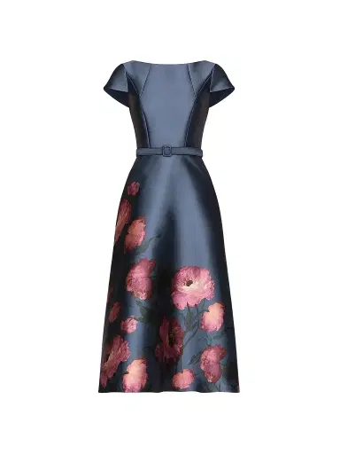Kay Unger Women's Ina Mikado Poppy Tea-Length Cocktail Dress | Thumbnail 1 Kay Unger Women's Ina Mikado Poppy Tea-Length Cocktail Dress | Thumbnail 1
