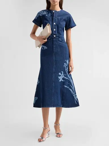 Erdem Women's Floral Denim Midi Dress - Mid Blue Wash | Thumbnail 2 Erdem Women's Floral Denim Midi Dress - Mid Blue Wash | Thumbnail 2