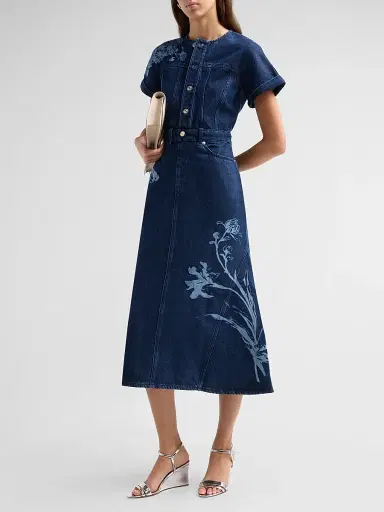 Erdem Women's Floral Denim Midi Dress - Mid Blue Wash | Thumbnail 4 Erdem Women's Floral Denim Midi Dress - Mid Blue Wash | Thumbnail 4