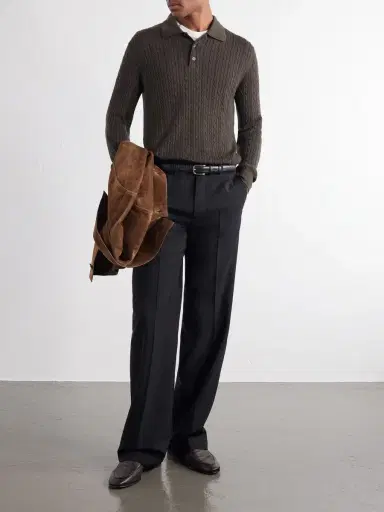 PIACENZA 1733 Cable-Knit Wool, Silk and Cashmere-Blend Polo Sweater - Men | Thumbnail 2