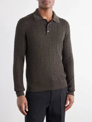 PIACENZA 1733 Cable-Knit Wool, Silk and Cashmere-Blend Polo Sweater - Men | Thumbnail 3