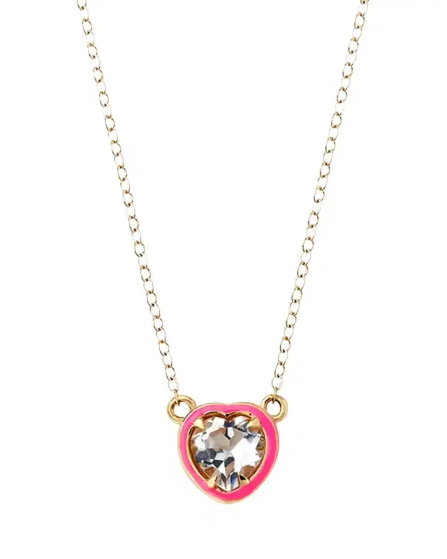 Alison Lou Heart Cocktail Necklace with White Topaz and Pink Enamel in 14K Yellow Gold