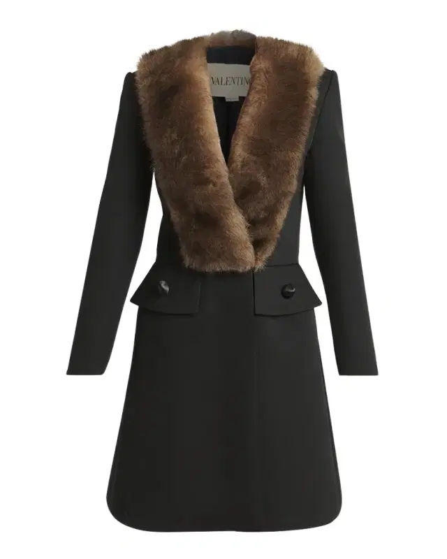 Valentino Garavani Faux Fur Lapel Tailored A-Line Coat