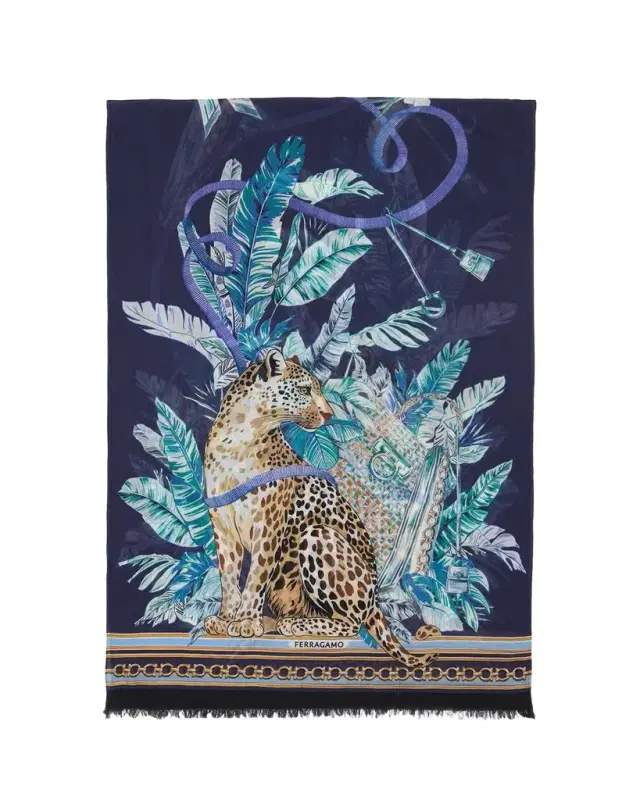 Ferragamo Poised Leopards Long Wool Scarf