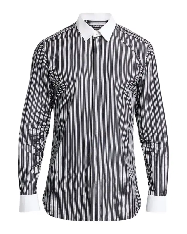 Tom Ford Men's Cotton Multi-Stripe Contrast-Trim Sport Shirt