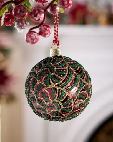 Exclusive Glitter Swirls on Shiny Dark Red Ball Christmas Ornament | Thumbnail 1