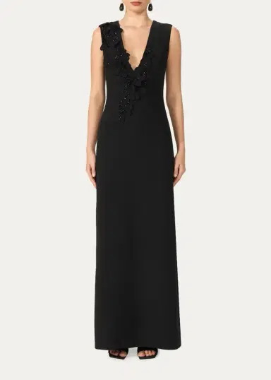 Costarellos Jevi Embellished V-Neck Crepe Sleeveless Column Gown | Thumbnail 2