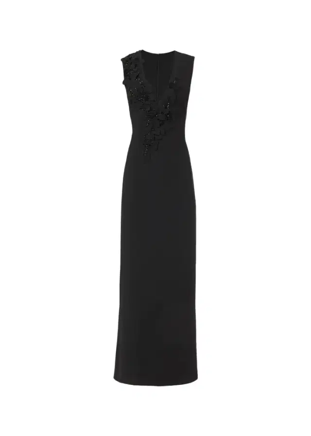 Costarellos Jevi Embellished V-Neck Crepe Sleeveless Column Gown
