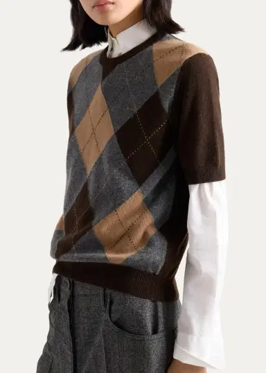 Prada Argyle Cashmere Short-Sleeve Crewneck Sweater | Thumbnail 4 Prada Argyle Cashmere Short-Sleeve Crewneck Sweater | Thumbnail 4