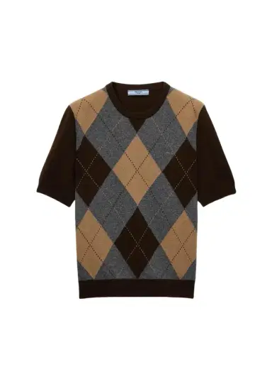 Prada Argyle Cashmere Short-Sleeve Crewneck Sweater | Thumbnail 1 Prada Argyle Cashmere Short-Sleeve Crewneck Sweater | Thumbnail 1