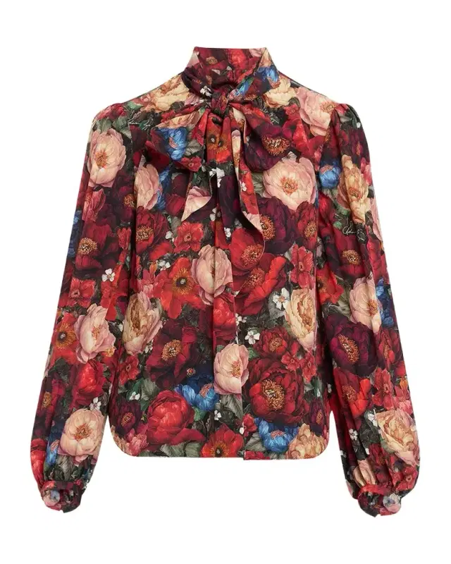 Adam Lippes Joan Floral Silk Neck Scarf Long-Sleeve Top