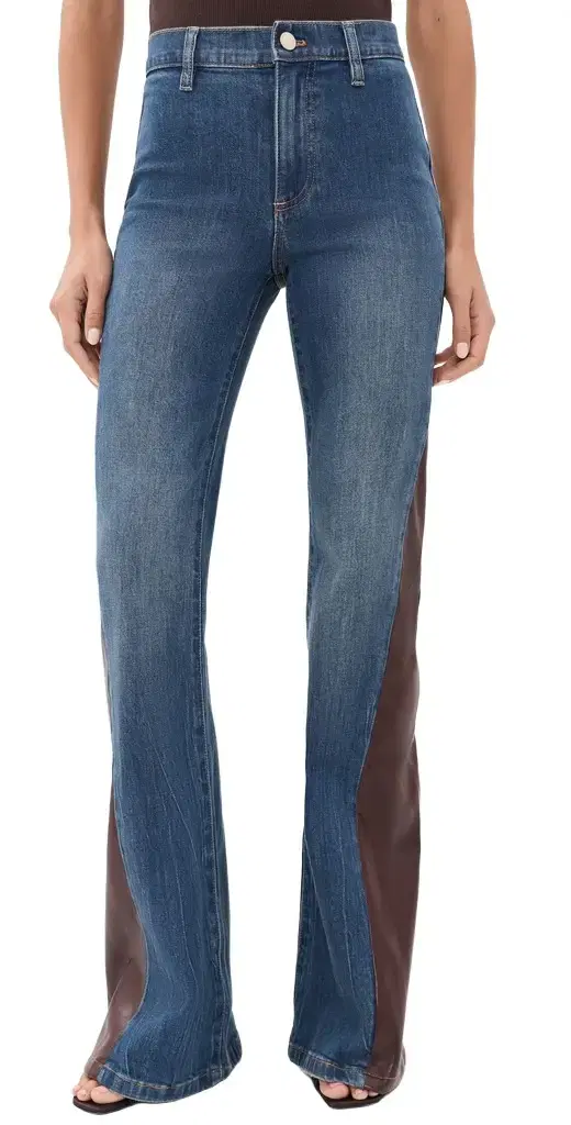 Alice + Olivia Faux Leather Godet Flare Jeans Georgetta Vintage Blue/Dk Choc