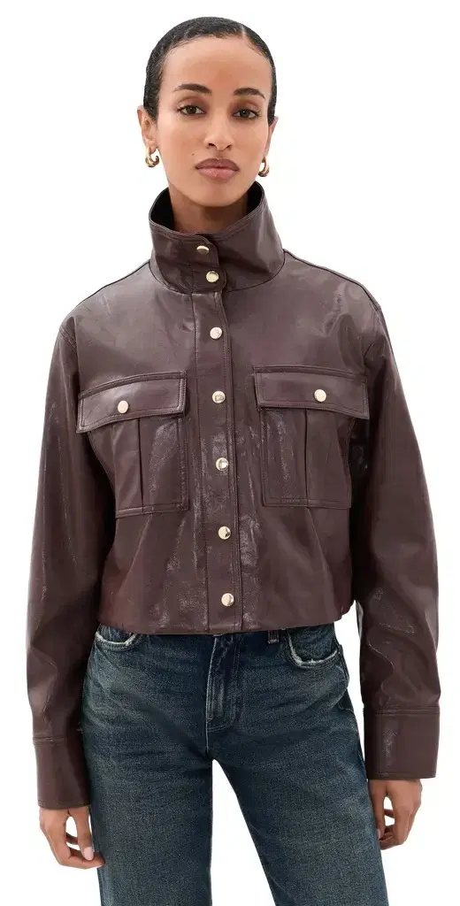 Alice + Olivia James Faux eather Cropped Jacket Dark Chocolate