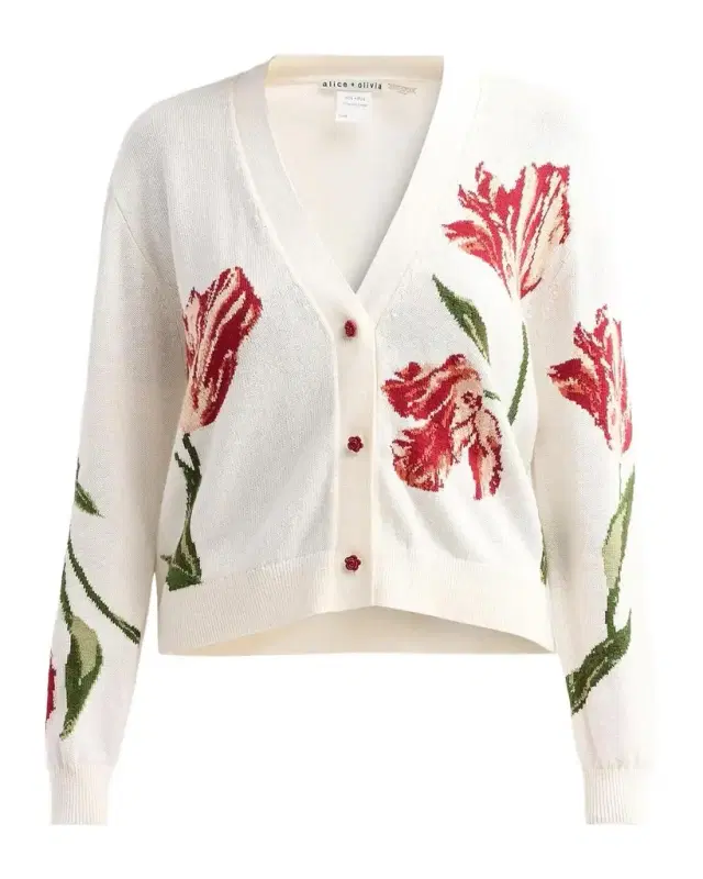 Alice + Olivia Bradley Floral Intarsia-Knit Short Cardigan