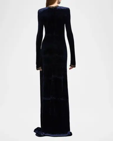Ralph Lauren Collection Nancie Strong-Shoulder Velvet Long-Sleeve Evening Dress | Thumbnail 3