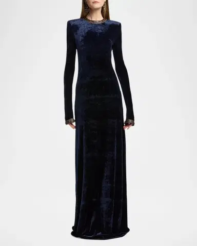 Ralph Lauren Collection Nancie Strong-Shoulder Velvet Long-Sleeve Evening Dress | Thumbnail 4