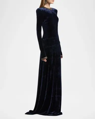 Ralph Lauren Collection Nancie Strong-Shoulder Velvet Long-Sleeve Evening Dress | Thumbnail 6