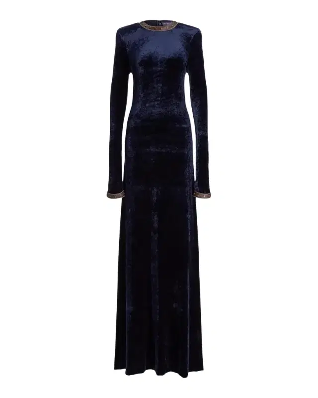 Ralph Lauren Collection Nancie Strong-Shoulder Velvet Long-Sleeve Evening Dress