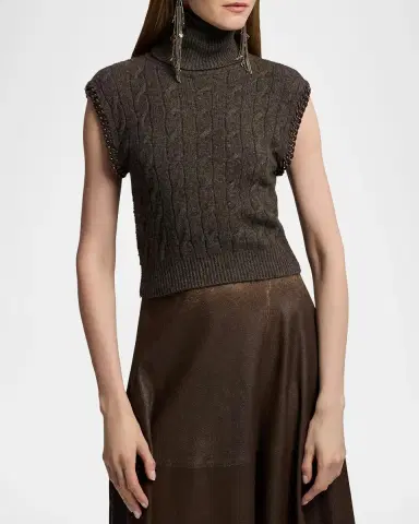 Ralph Lauren Collection Embellished Cashmere Cable Sleeveless Turtleneck Sweater | Thumbnail 4