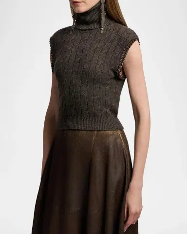 Ralph Lauren Collection Embellished Cashmere Cable Sleeveless Turtleneck Sweater | Thumbnail 6
