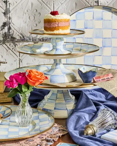 MacKenzie-Childs Sky Check Large Hand-Painted Enamel Pedestal Platter | Thumbnail 3