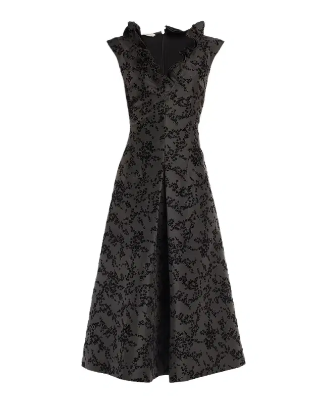 Alberta Ferretti Ruffle V-Neck Floral Flocked Mikado Midi Dress