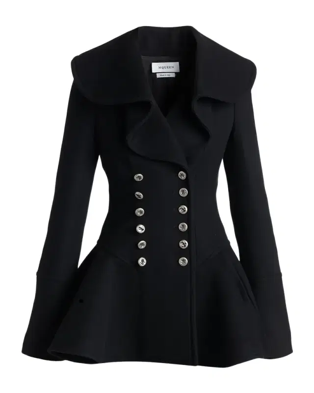 Alexander McQueen Ruffle Wool Fitted Double-Breasted Coat