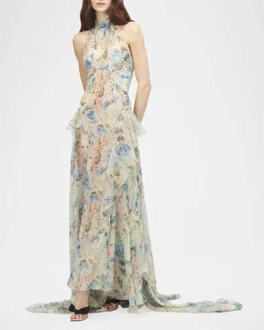 Alexander McQueen Pleated Floral Silk Georgette Halter Evening Dress | Thumbnail 2