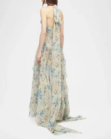 Alexander McQueen Pleated Floral Silk Georgette Halter Evening Dress | Thumbnail 3