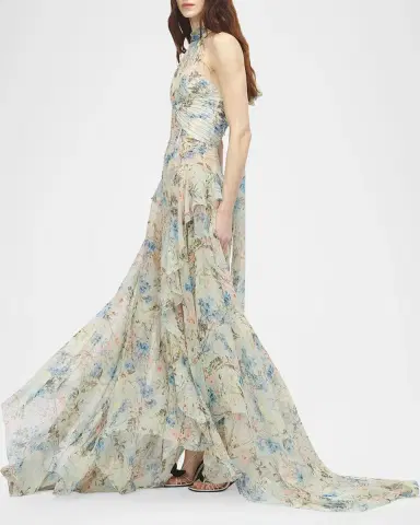 Alexander McQueen Pleated Floral Silk Georgette Halter Evening Dress | Thumbnail 4