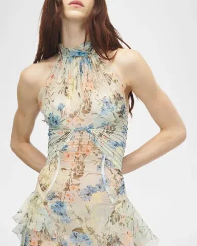 Alexander McQueen Pleated Floral Silk Georgette Halter Evening Dress | Thumbnail 5