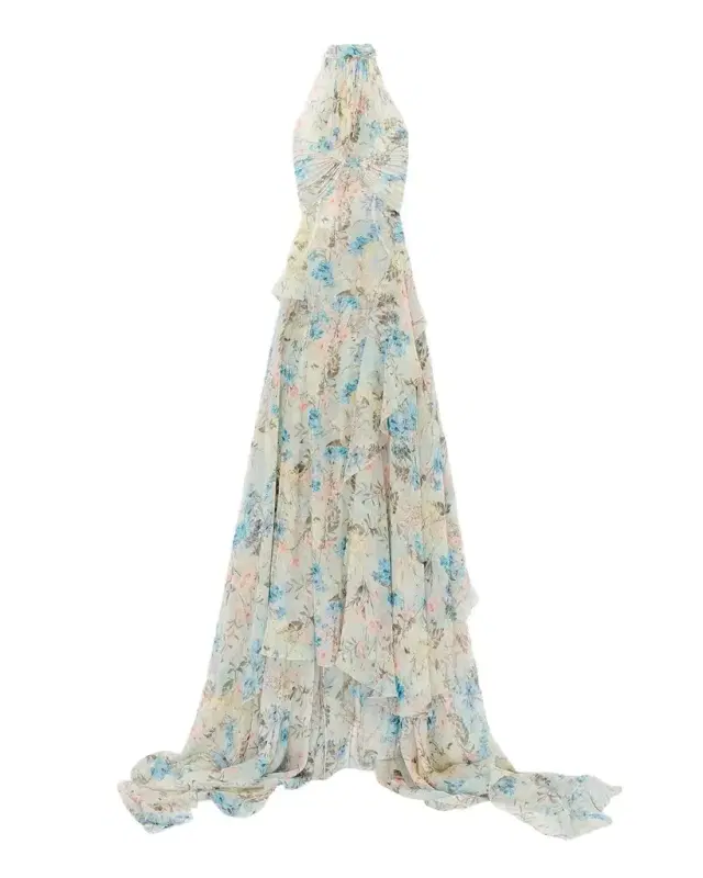 Alexander McQueen Pleated Floral Silk Georgette Halter Evening Dress