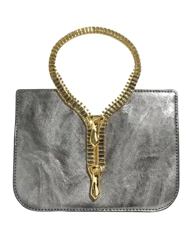 ALEXIS BITTAR Sculptural Zipper Metallic Leather Top-Handle Bag