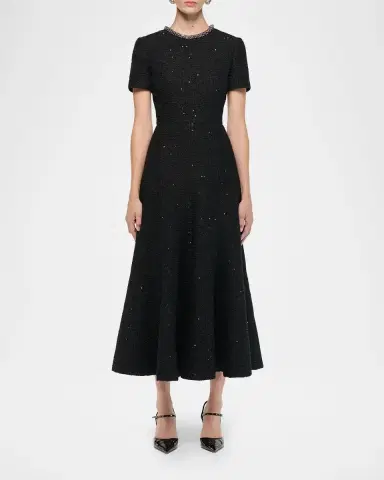 Roland Mouret Embellished-Neckline Sequin Tweed Short-Sleeve Midi Dress | Thumbnail 2 Roland Mouret Embellished-Neckline Sequin Tweed Short-Sleeve Midi Dress | Thumbnail 2