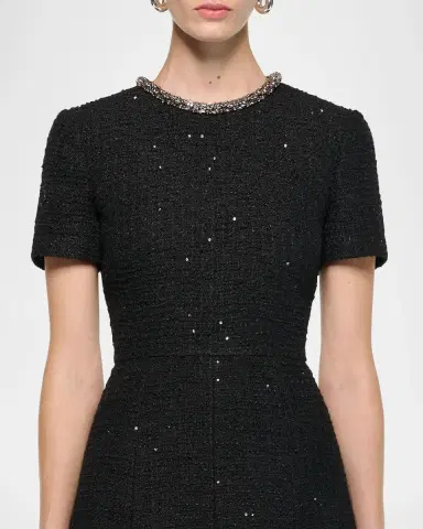 Roland Mouret Embellished-Neckline Sequin Tweed Short-Sleeve Midi Dress | Thumbnail 5 Roland Mouret Embellished-Neckline Sequin Tweed Short-Sleeve Midi Dress | Thumbnail 5