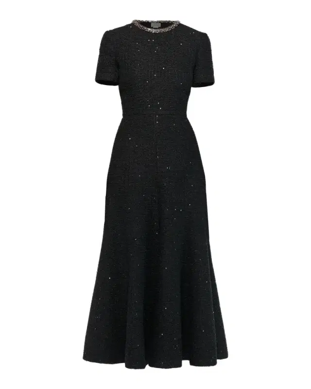 Roland Mouret Embellished-Neckline Sequin Tweed Short-Sleeve Midi Dress