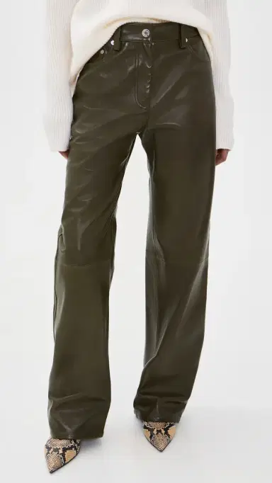 Helmut Lang Leather Relaxed Bootcut Pants Dark Moss/Black | Thumbnail 2