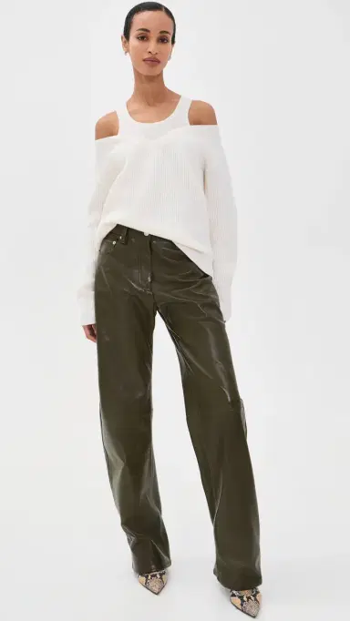Helmut Lang Leather Relaxed Bootcut Pants Dark Moss/Black | Thumbnail 5