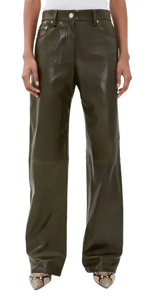 Helmut Lang Leather Relaxed Bootcut Pants Dark Moss/Black