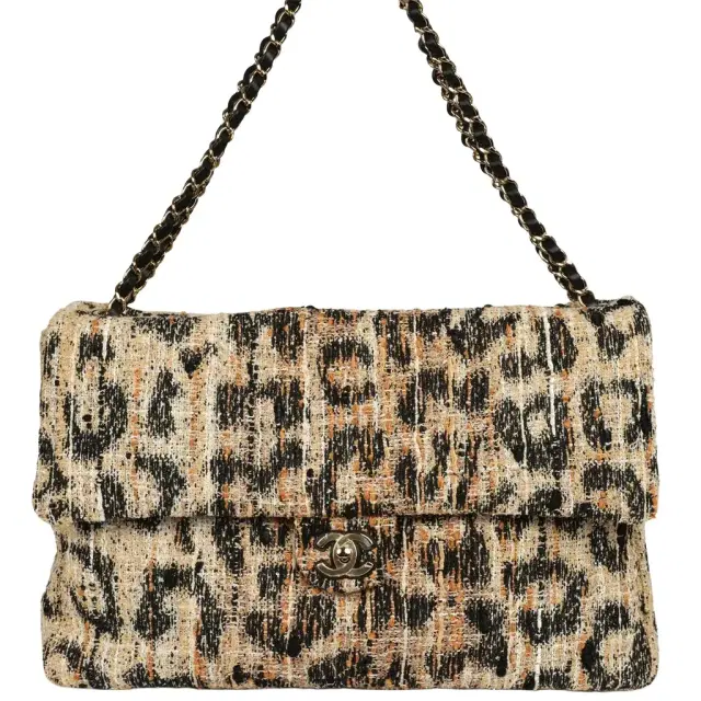 Chanel Chanel Maxi Leopard Print "Souplissimo" Large Flap Bag Brown, Black, White Tweed, Mixed Fibers Gold Hardware