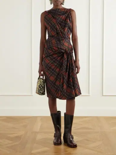 Dries Van Noten Twisted Draped Checked Cotton Midi Dress | Thumbnail 2