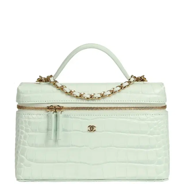 Chanel Chanel Top Handle Long Vanity Case with Chain Light Blue Croc Embossed Calfskin Gold Hardware