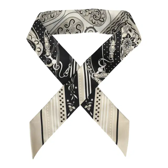 HERMÈS Hermes "Festival Des Amazones" Grege, Black, Blanc Silk Twilly